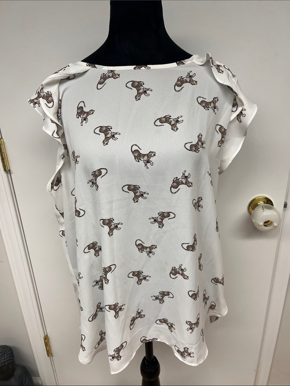 LOFT White Blouse with Brown Fox Print and Ruffle Sleeves